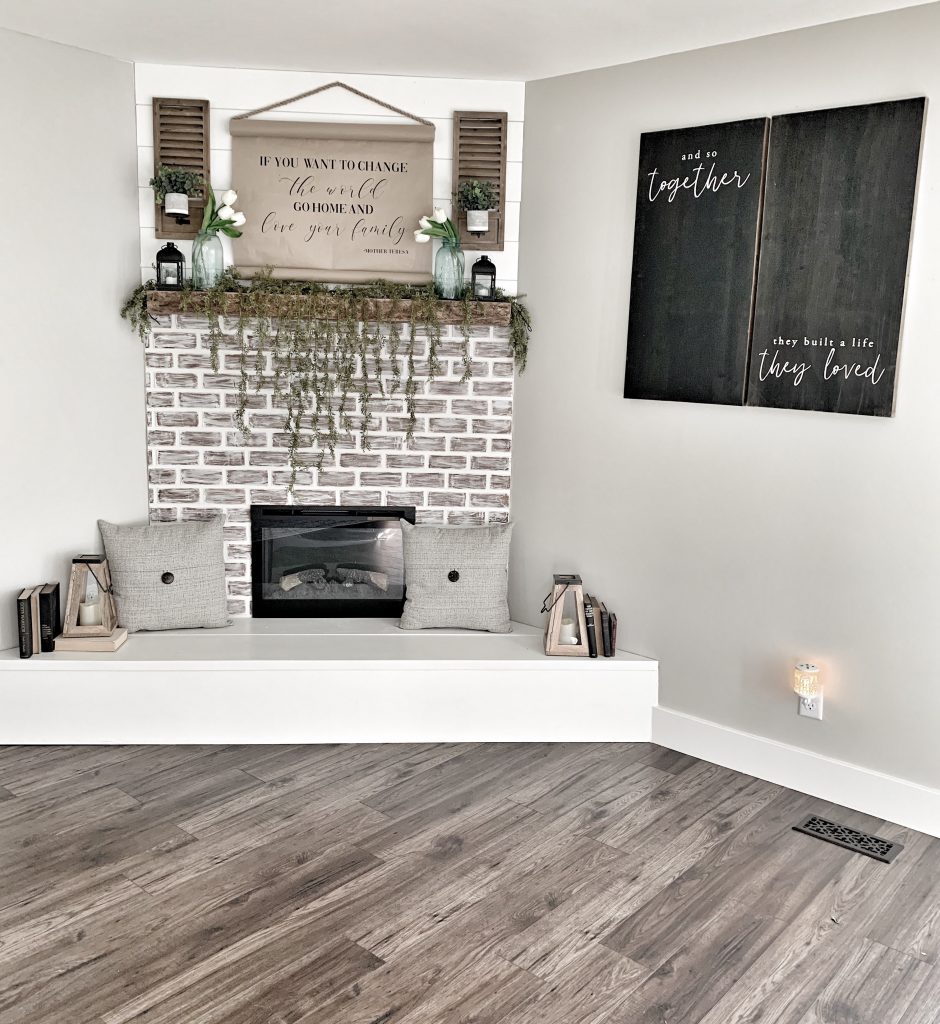 DIY FIREPLACE FARMHOUSE STYLE FAUX BRICK CORNER FIREPLACE WITH HEARTH