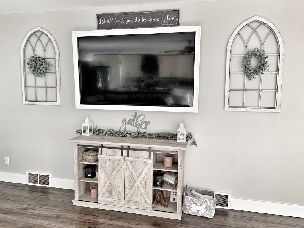 Open-Concept-Great-Room-Console-Table-TV-Stand-Farmhouse-Style-Sectional Spring Home Decor Tour