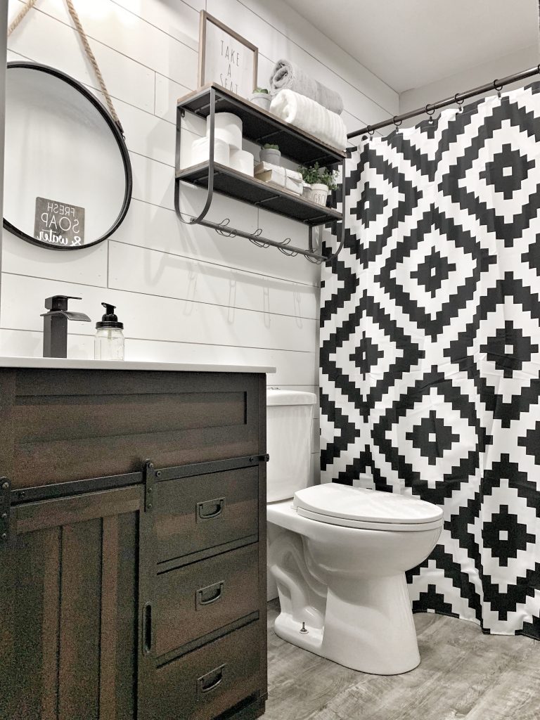 farmhouse bathroom style decor black and white shiplap 