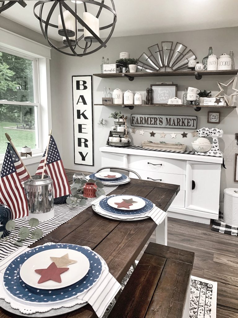 PATRIOTIC FARMHOUSE DECOR FOURTH OF JULY SHELF STYLING TABLE SCAPE