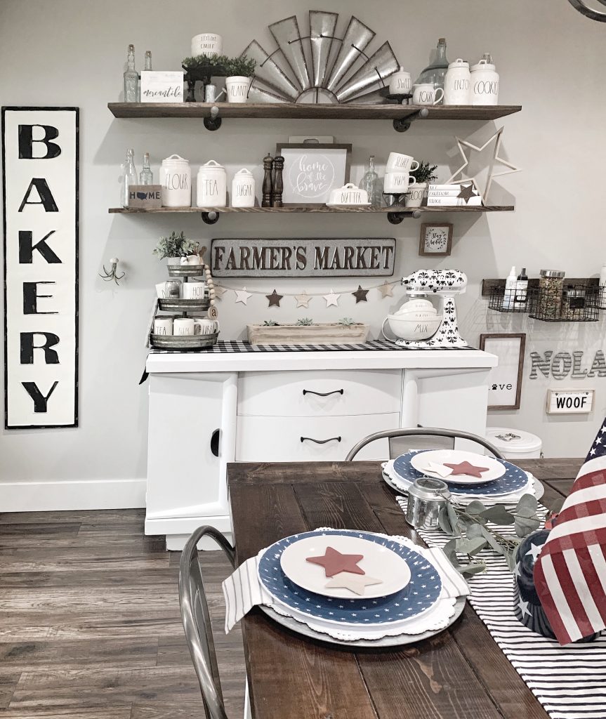 PATRIOTIC FARMHOUSE FOURTH OF JULY TABLESCAPE  FLOATING SHELF STYLING 