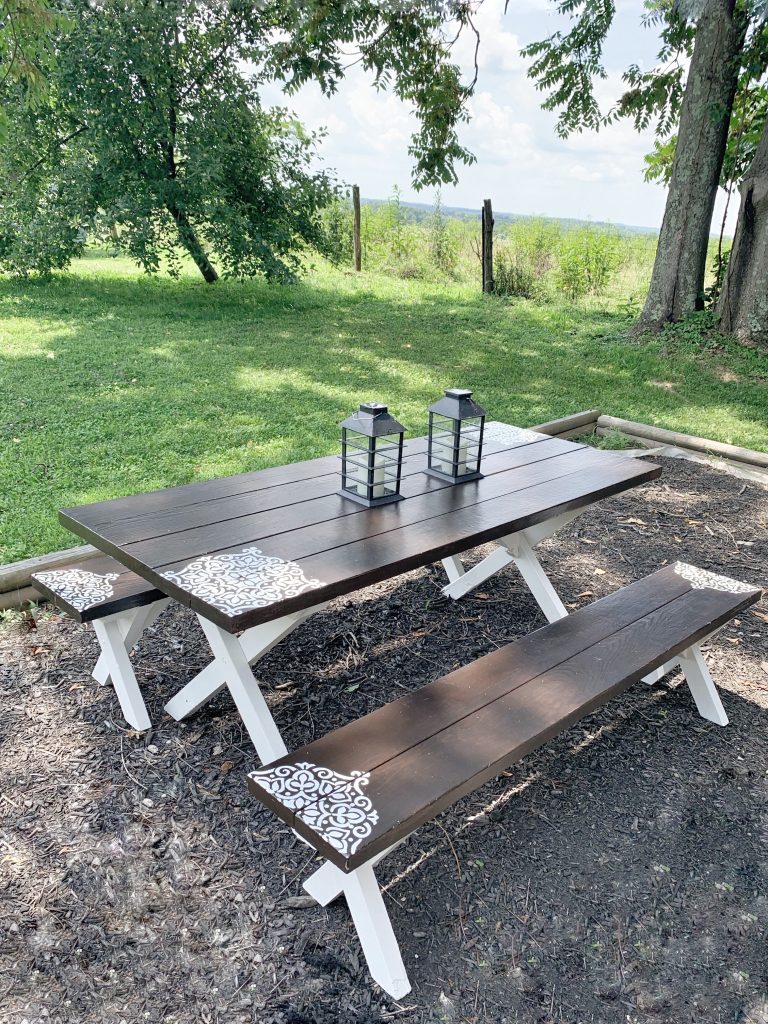DO IT YOURSELF PICNIC TABLE MAKEOVER FARMHOUSE STYLE STENCIL PICNIC TABLE REFRESH