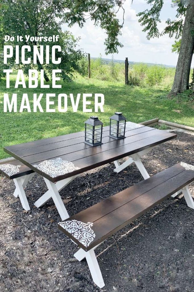 DO IT YOURSELF PICNIC TABLE MAKEOVER FARMHOUSE STYLE STENCIL PICNIC TABLE REFRESH