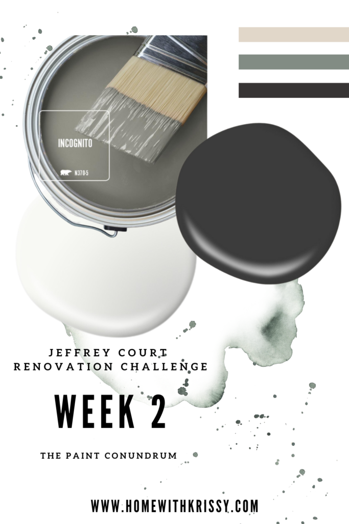 JEFFREY COURT RENOVATION CHALLENGE HOME DEPOT PAINT BEHR WALLPAPER MASTER BATHROOM BATHROOM MAKEOVER DIY INCOGNITO LIMOUSINE LEATHER ULTRA PURE WHITE